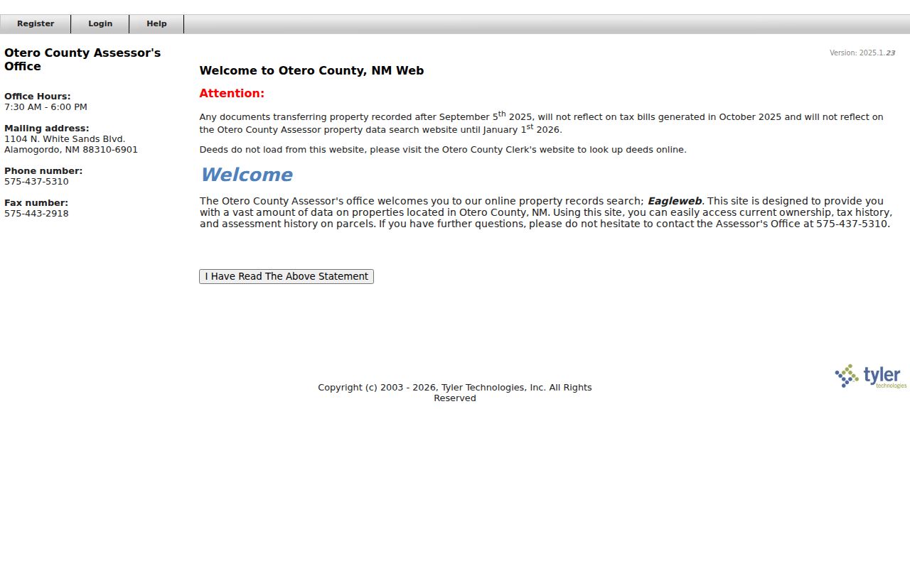 Alamogordo street directory Otero County Assessor EagleWeb portal